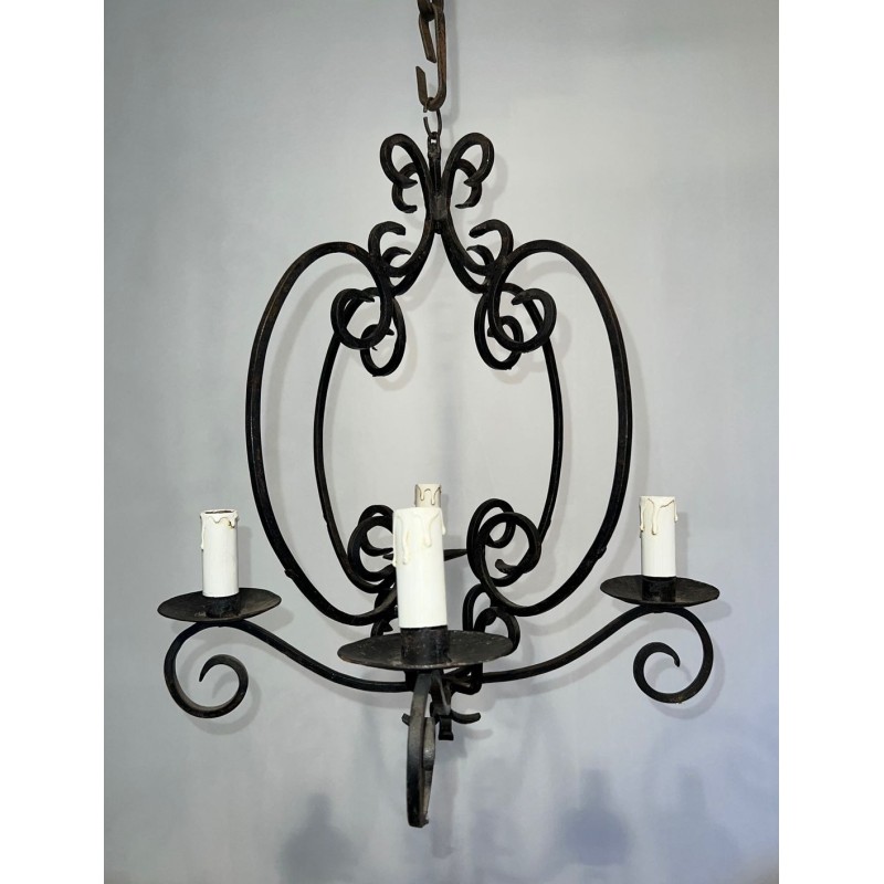 Wrought Iron Chandelier 4 Arms French Artisan Work circa 1950
