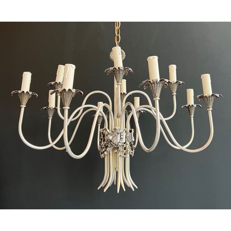 Lustre Métal Argenté 8 Bras Néoclassique Maison Charles France circa 1940