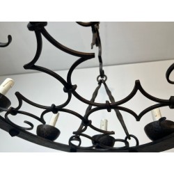 Round Wrought Iron Chandelier 8 Lights Gothic Style France circa 1950
