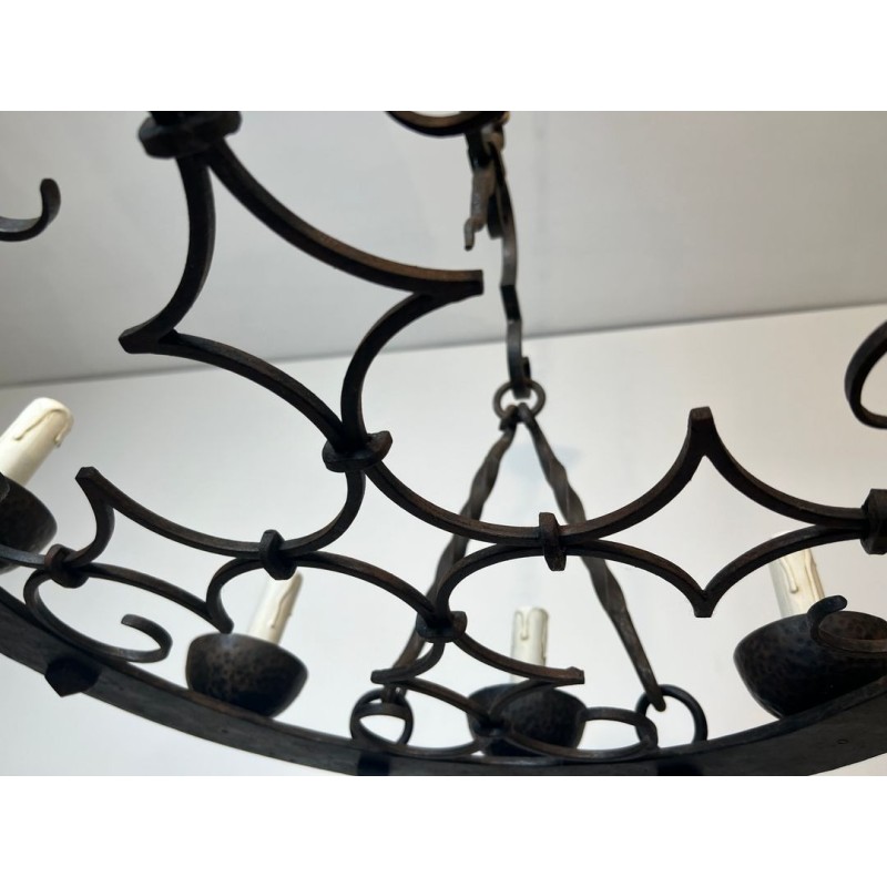 Round Wrought Iron Chandelier 8 Lights Gothic Style France circa 1950