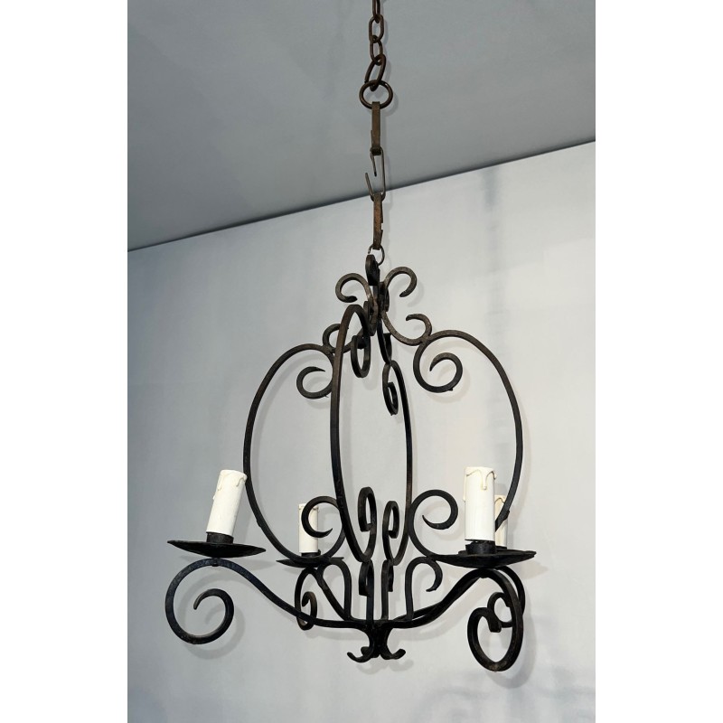 Lustre Fer Forgé 4 Bras Travail Artisanal Français circa 1950