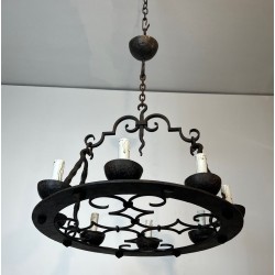 Round Wrought Iron Chandelier 8 Lights Gothic Style France circa 1950