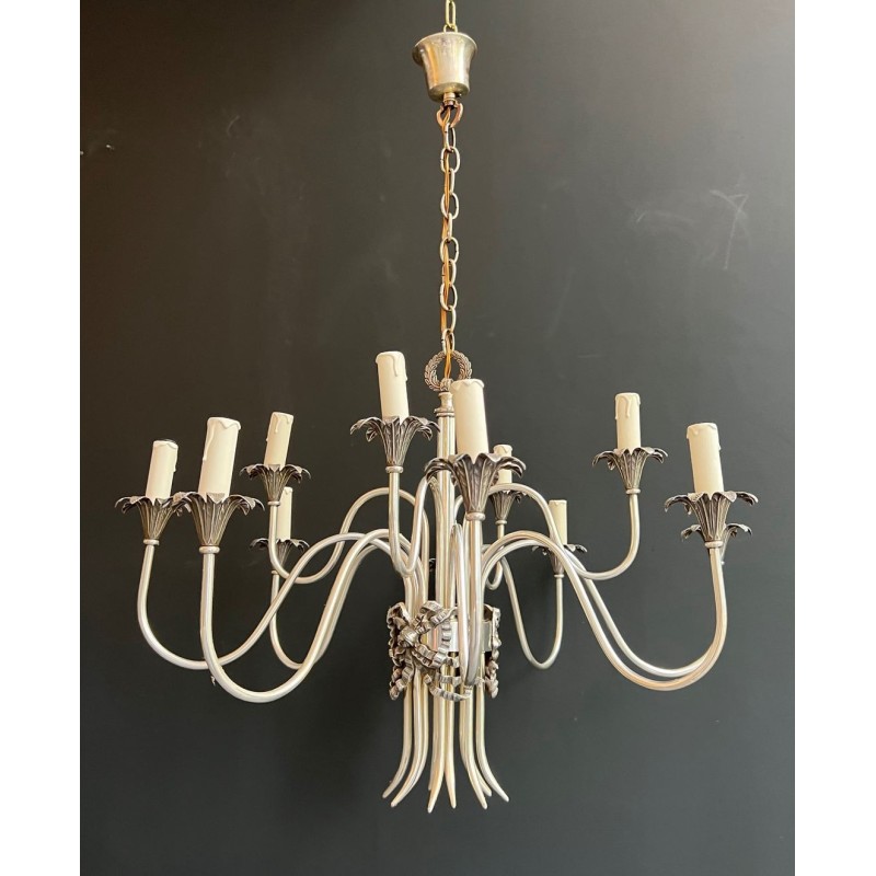 Silvered Metal Chandelier 8 Arms Neoclassical Maison Charles France circa 1940