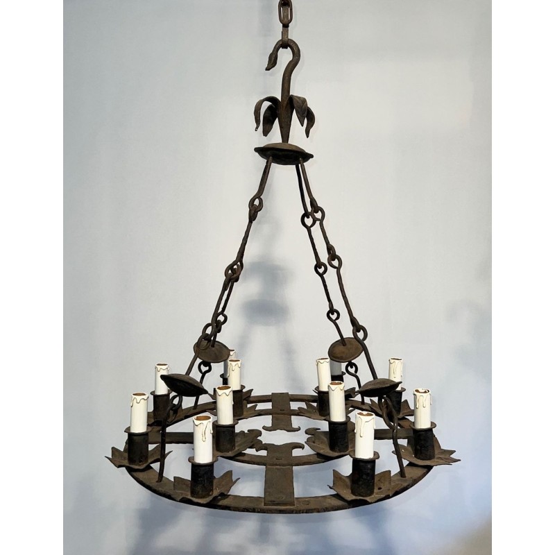 Wrought Iron Chandelier 12 Lights Gothic Style French Work circa 1945 | Maison BARROIS