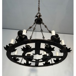 Lustre Fer Forgé 12 Lumières Style Gothique Travail Français circa 1945 | Maison BARROIS
