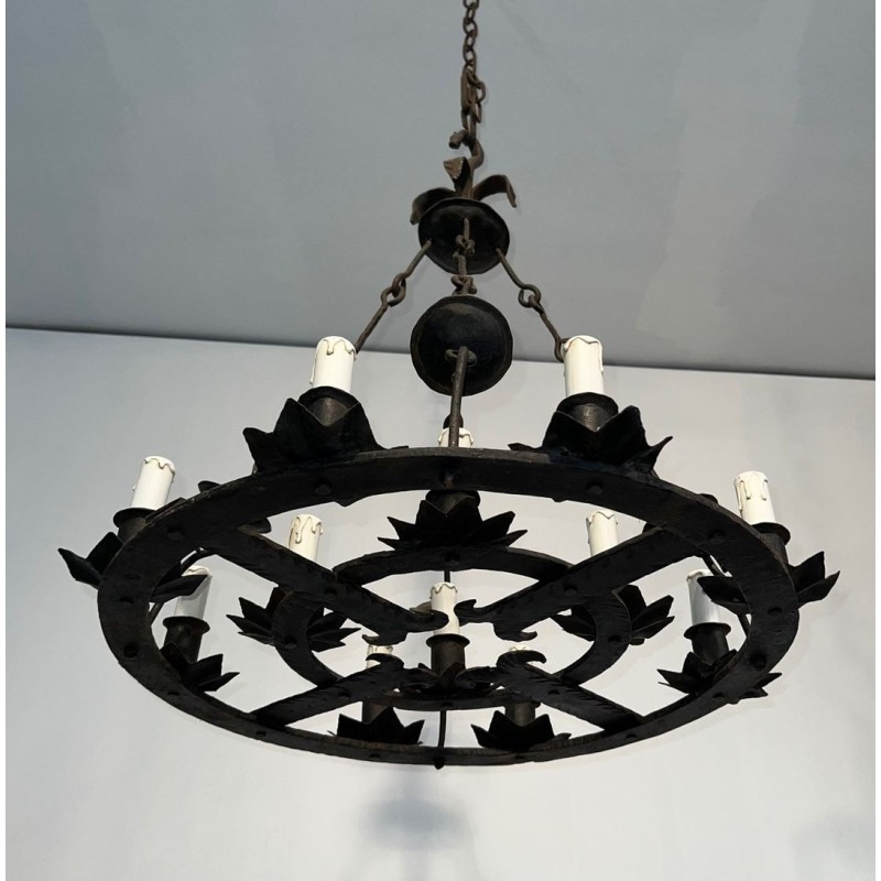 Wrought Iron Chandelier 12 Lights Gothic Style French Work circa 1945 | Maison BARROIS