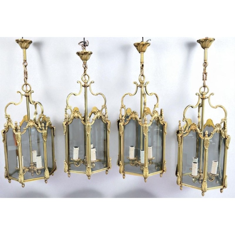 Suite de Quatre Lanternes Hexagonales Bronze, Style Louis XV — vers 1950