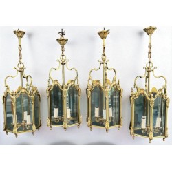Set of Four Hexagonal Bronze Lanterns, Louis XV Style — French, circa 1950