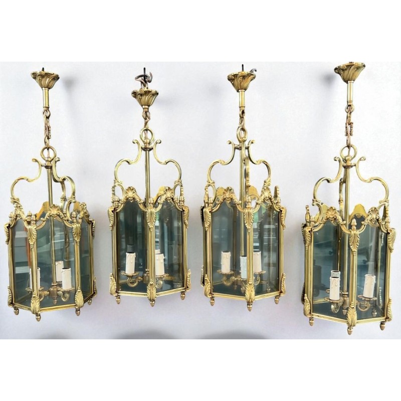 Set of Four Hexagonal Bronze Lanterns, Louis XV Style — French, circa 1950