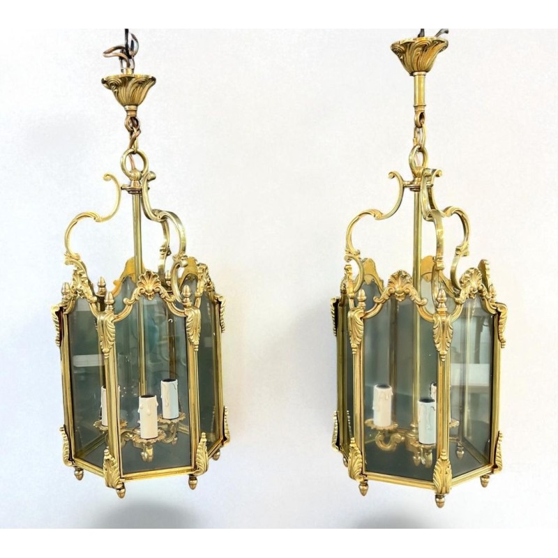 Set of Four Hexagonal Bronze Lanterns, Louis XV Style — French, circa 1950