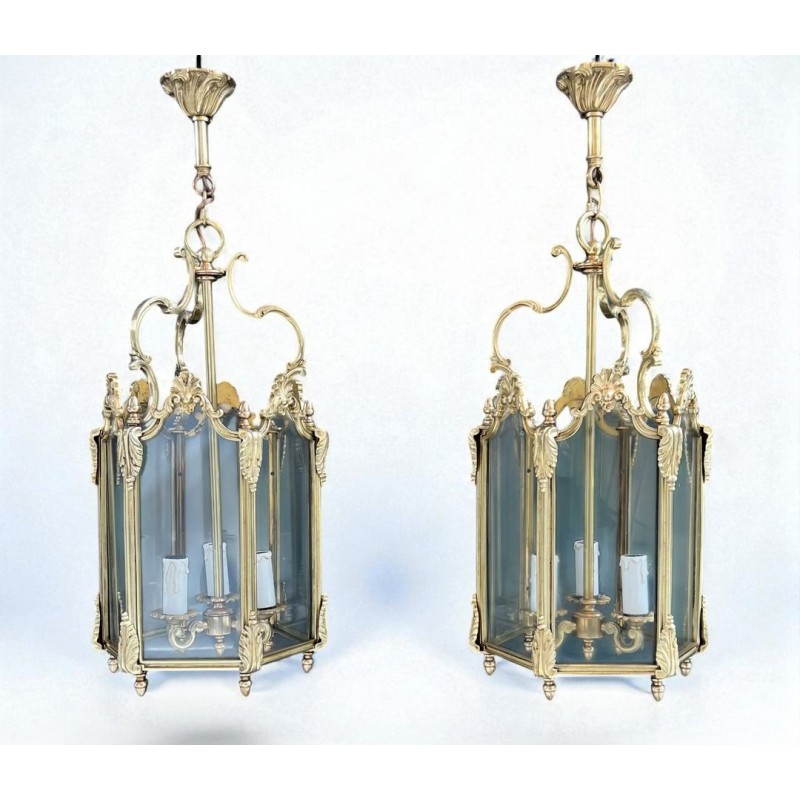 Set of Four Hexagonal Bronze Lanterns, Louis XV Style — French, circa 1950