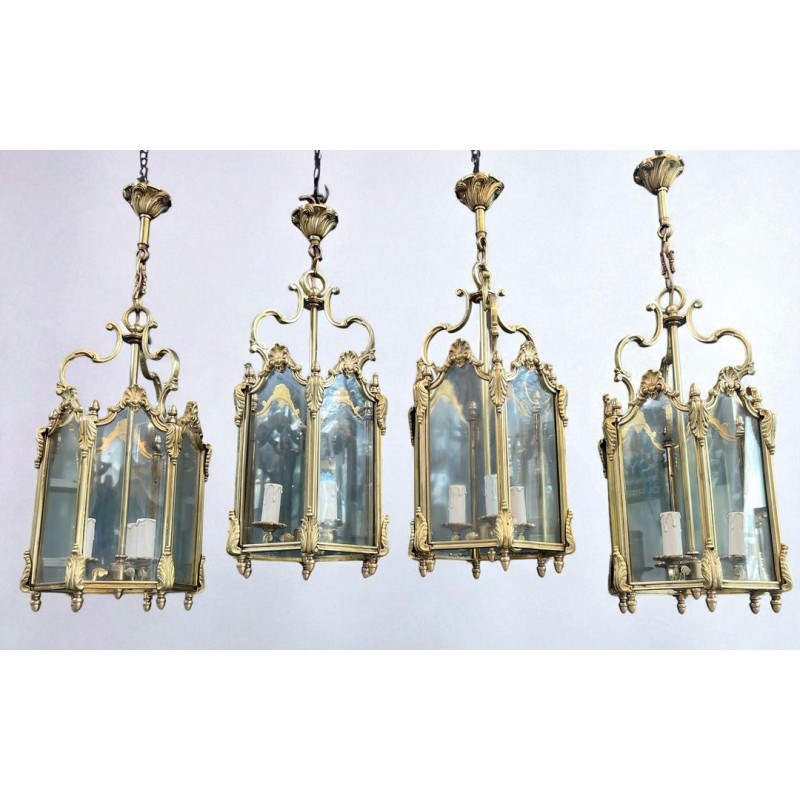 Set of Four Hexagonal Bronze Lanterns, Louis XV Style — French, circa 1950
