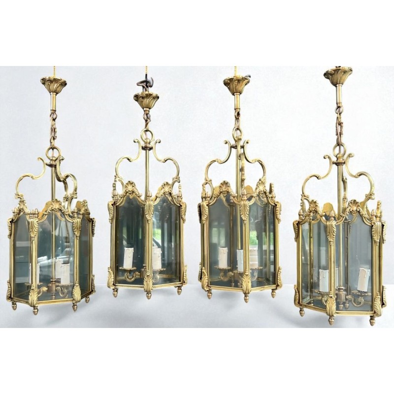 Set of Four Hexagonal Bronze Lanterns, Louis XV Style — French, circa 1950