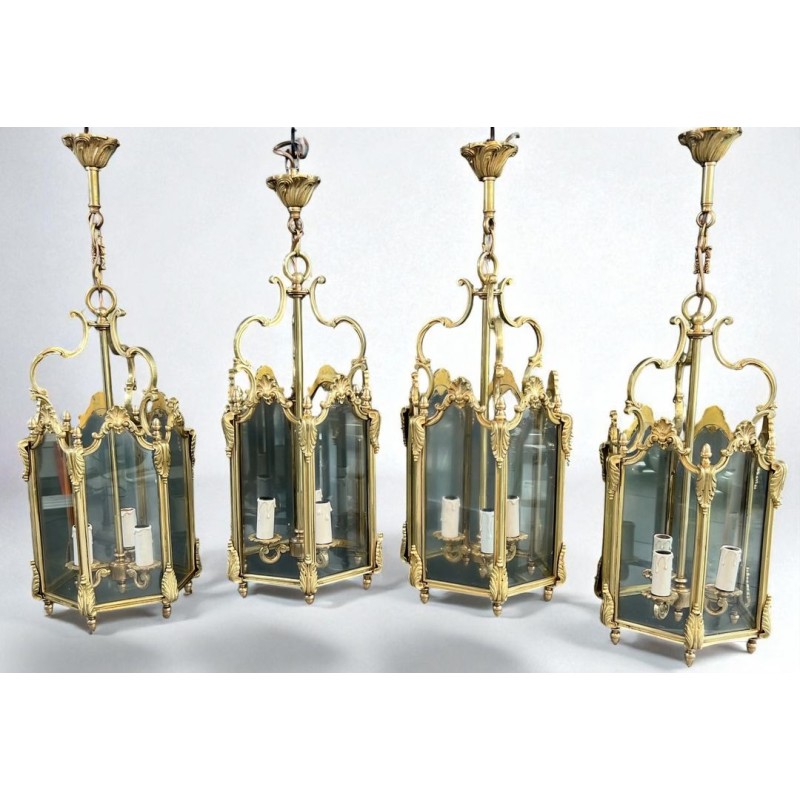 Suite de Quatre Lanternes Hexagonales Bronze, Style Louis XV — vers 1950