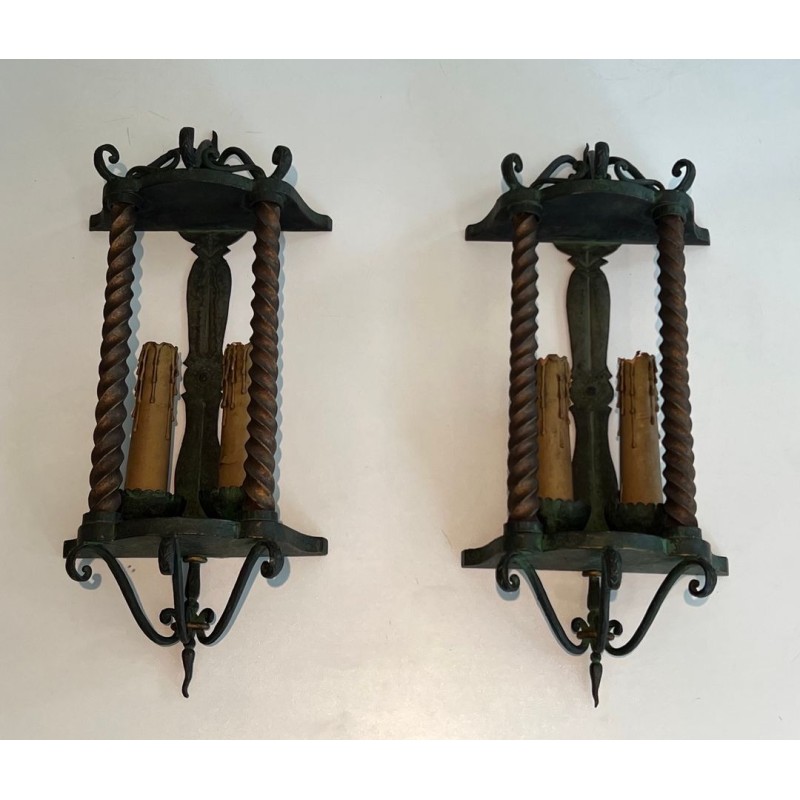 Paire d’Appliques Fer Forgé, Patine Verte et Dorure — Travail Français, vers 1940