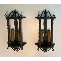 Pair of Wrought Iron Wall Lanterns, Green Patina — French, circa 1940