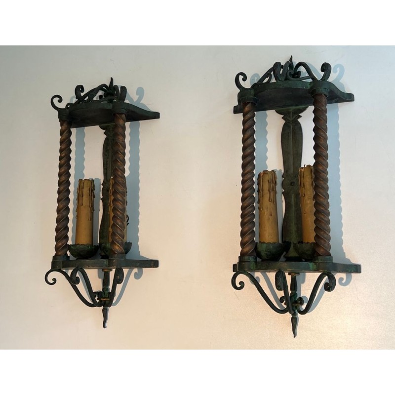 Paire d’Appliques Fer Forgé, Patine Verte et Dorure — Travail Français, vers 1940