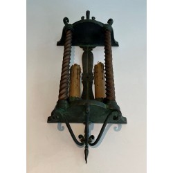 Pair of Wrought Iron Wall Lanterns, Green Patina — French, circa 1940