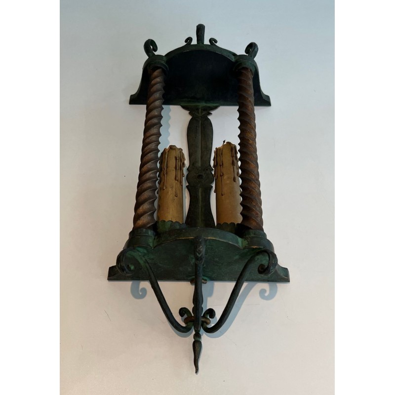 Pair of Wrought Iron Wall Lanterns, Green Patina — French, circa 1940
