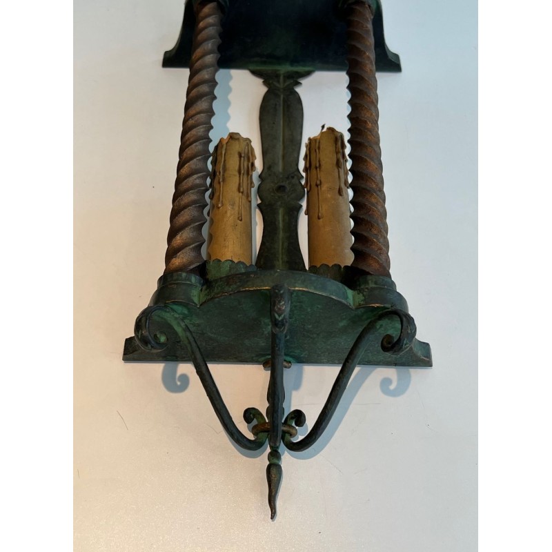 Paire d’Appliques Fer Forgé, Patine Verte et Dorure — Travail Français, vers 1940