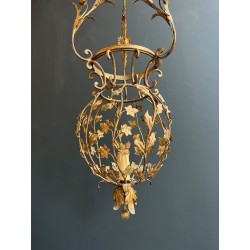 Grande Lanterne Fer Doré Feuillages, Maison Baguès — Art Déco, vers 1940
