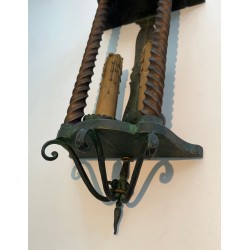 Paire d’Appliques Fer Forgé, Patine Verte et Dorure — Travail Français, vers 1940