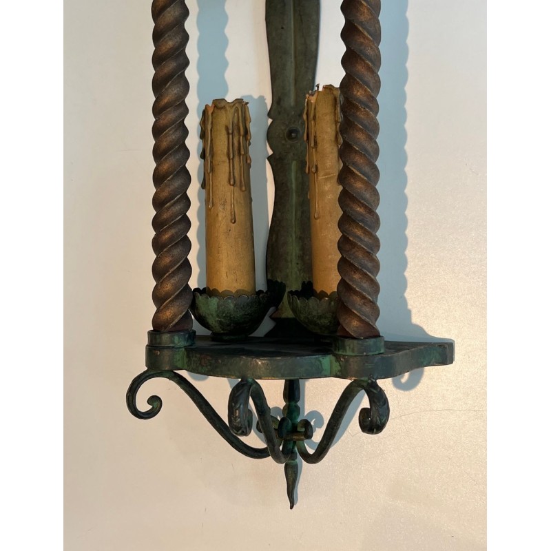 Pair of Wrought Iron Wall Lanterns, Green Patina — French, circa 1940