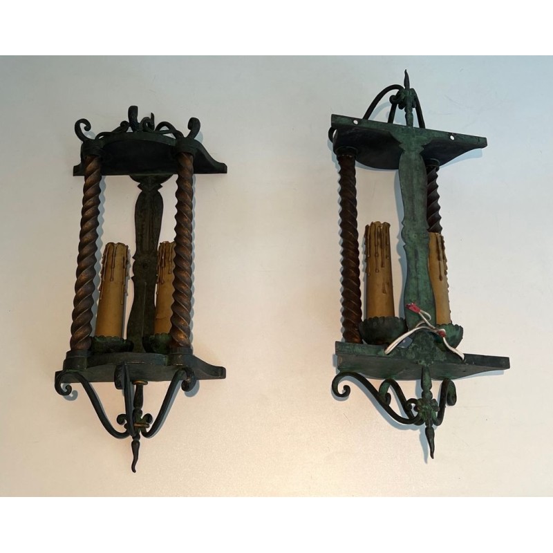 Paire d’Appliques Fer Forgé, Patine Verte et Dorure — Travail Français, vers 1940