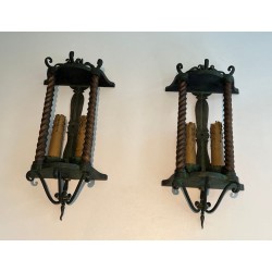 Pair of Wrought Iron Wall Lanterns, Green Patina — French, circa 1940