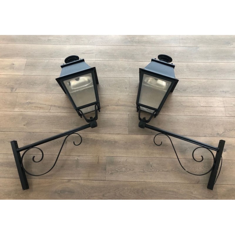 Pair of Large Iron Exterior Lanterns on Brackets — French, circa 1950