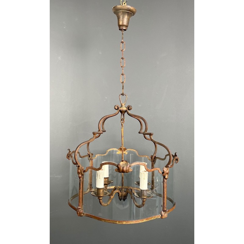 Four-Light Gilt Beaten Iron Lantern with Curved Glasses — circa 1940