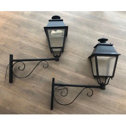Pair of Large Iron Exterior Lanterns on Brackets — French, circa 1950