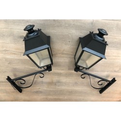 Pair of Large Iron Exterior Lanterns on Brackets — French, circa 1950