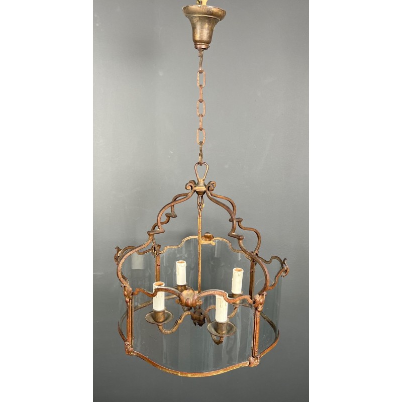 Lanterne Quatre Feux Fer Martelé Doré, Verres Courbes — vers 1940