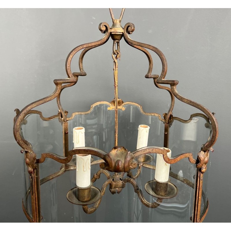 Four-Light Gilt Beaten Iron Lantern with Curved Glasses — circa 1940