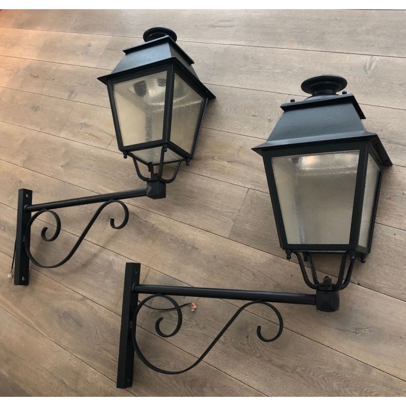 Pair of Large Iron Exterior Lanterns on Brackets — French, circa 1950