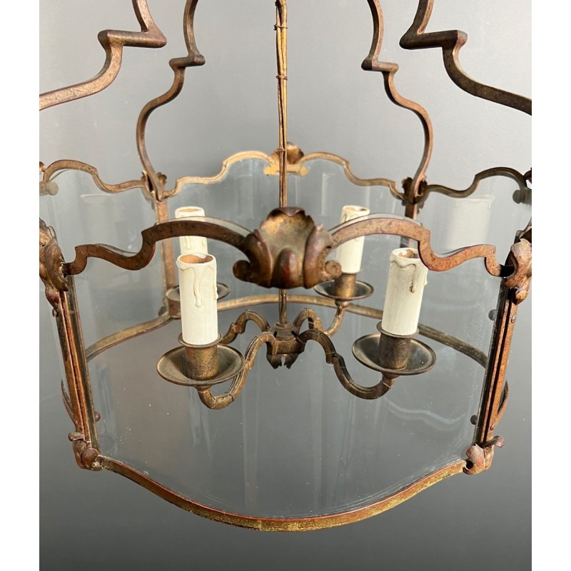 Four-Light Gilt Beaten Iron Lantern with Curved Glasses — circa 1940