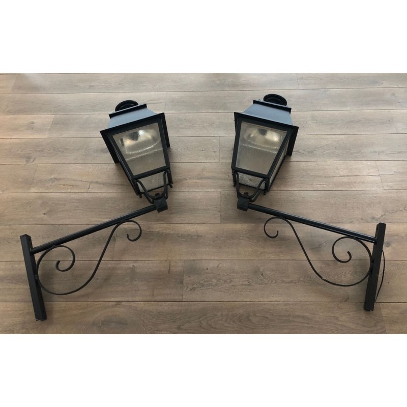 Pair of Large Iron Exterior Lanterns on Brackets — French, circa 1950