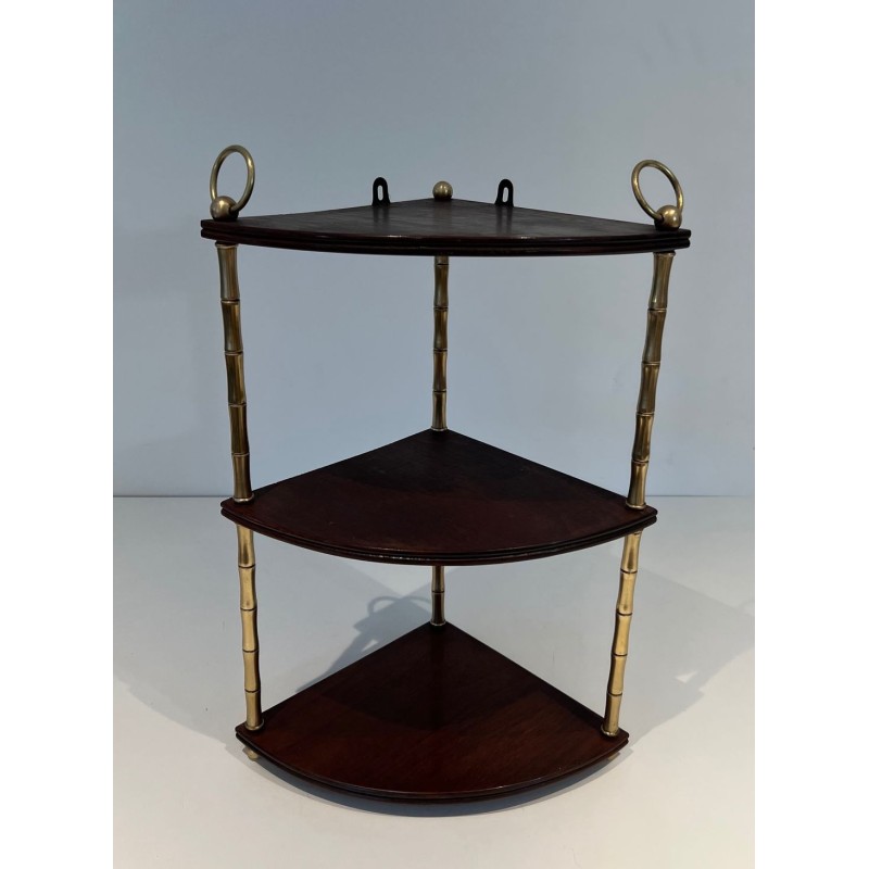 Faux-Bamboo Brass and Mahogany Corner Shelf, Style of Baguès, France, circa 1940 | Maison BARROIS