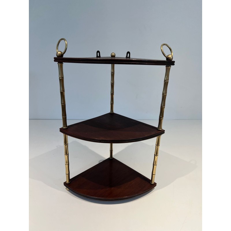 Faux-Bamboo Brass and Mahogany Corner Shelf, Style of Baguès, France, circa 1940 | Maison BARROIS