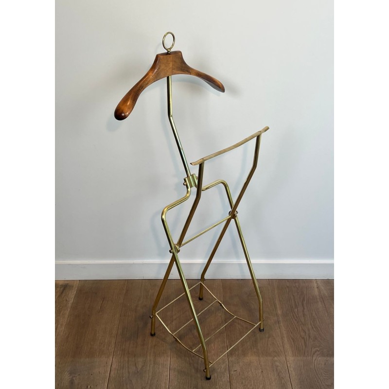Folding Valet Stand on Casters, Neoclassical Brass and Wood, French, 1940