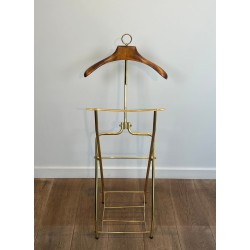 Folding Valet Stand on Casters, Neoclassical Brass and Wood, French, 1940