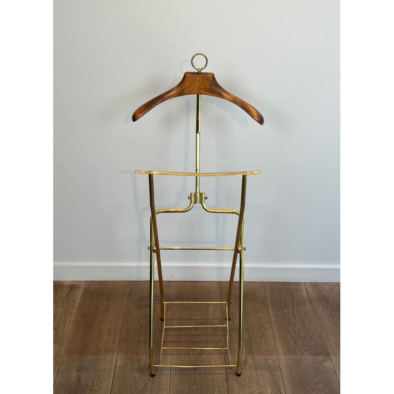 Folding Valet Stand on Casters, Neoclassical Brass and Wood, French, 1940