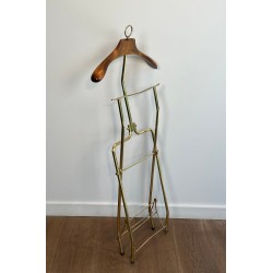 Folding Valet Stand on Casters, Neoclassical Brass and Wood, French, 1940