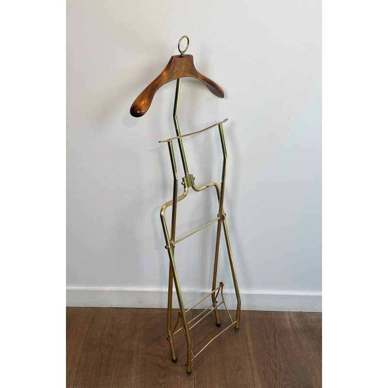 Folding Valet Stand on Casters, Neoclassical Brass and Wood, French, 1940