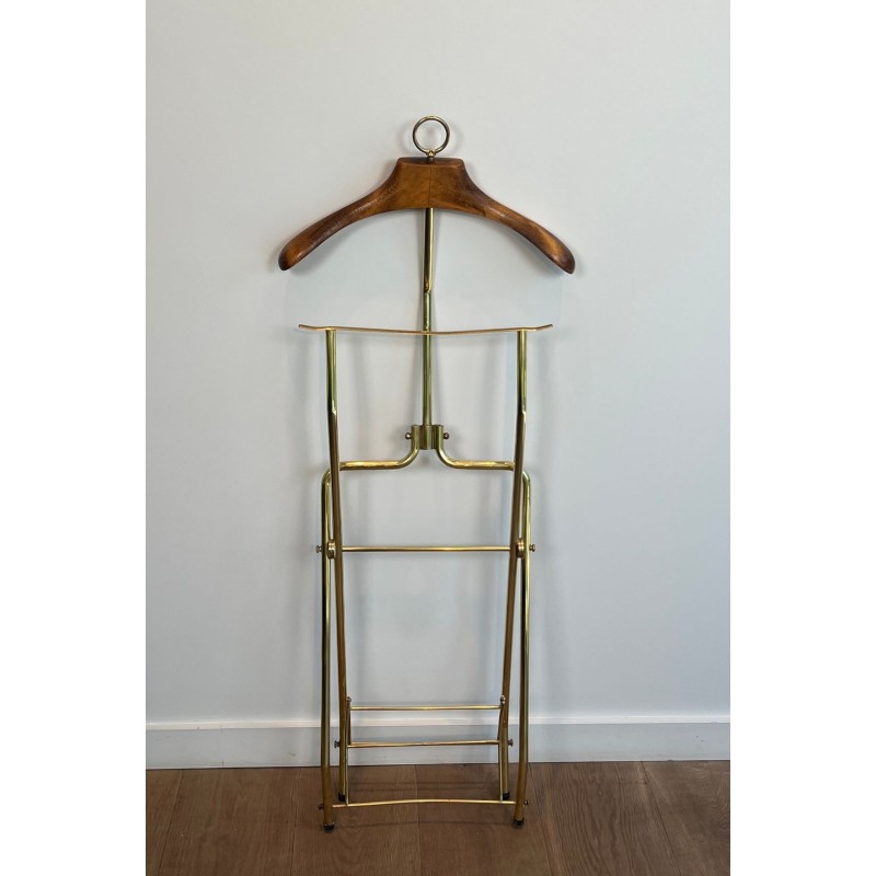 Folding Valet Stand on Casters, Neoclassical Brass and Wood, French, 1940