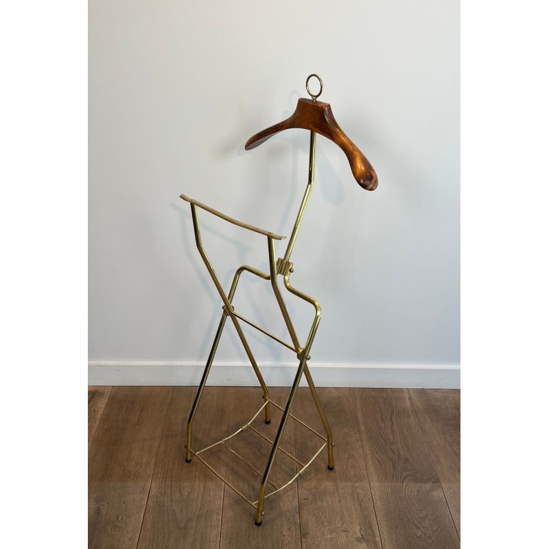 Folding Valet Stand on Casters, Neoclassical Brass and Wood, French, 1940