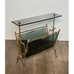 Magazine Rack in Brass and Blue-Tinted Glass, Art Déco, French, 1940