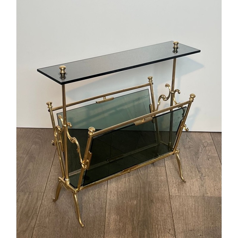 Magazine Rack in Brass and Blue-Tinted Glass, Art Déco, French, 1940