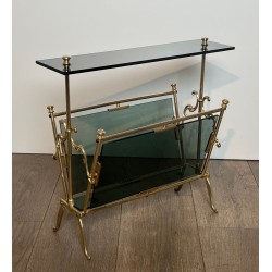 Porte-Revues Laiton et Verre Bleuté, Art Déco, France, 1940